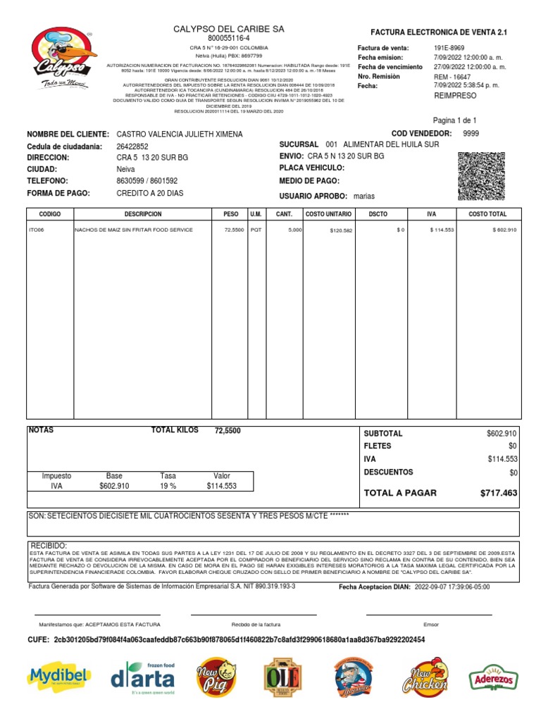 Calypso Del Caribe Sa 7/09/2022 120000 A. M. 27/09/2022 120000 A. M. REM 16647 191E8969