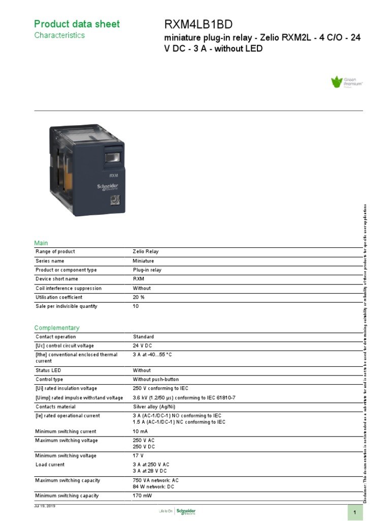 Zelio RXM4LB1BD Miniature Relay Specs | PDF | Relay | Alternating Current