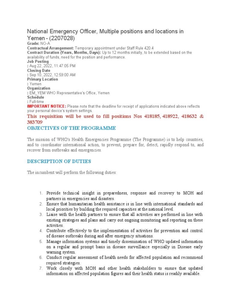 Emergency Health Roles in Yemen | PDF | World Health Organization ...