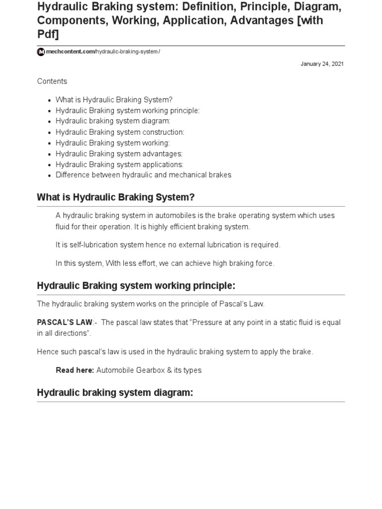 Hydraulic Braking System Definition, Principle, Diagram, Components