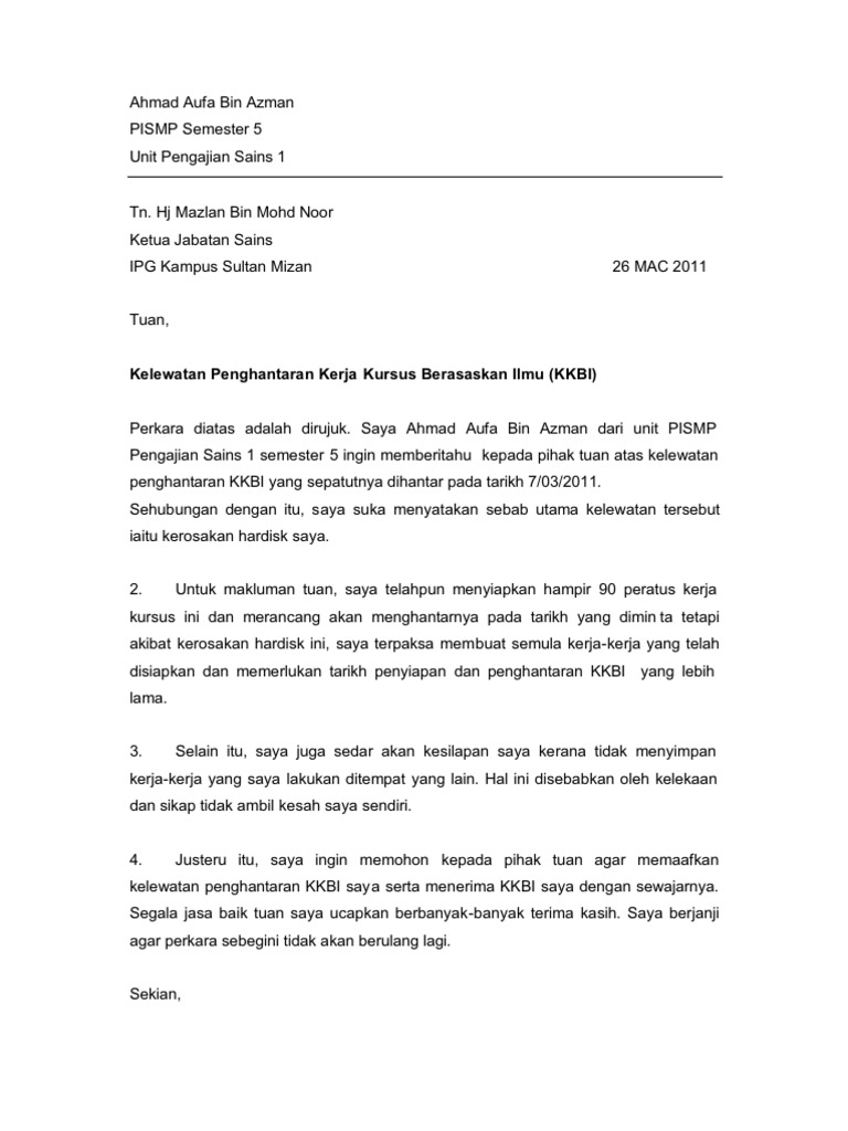 Contoh Surat Tunjuk Sebab Lewat Hantar Tuntutan  Contoh Surat