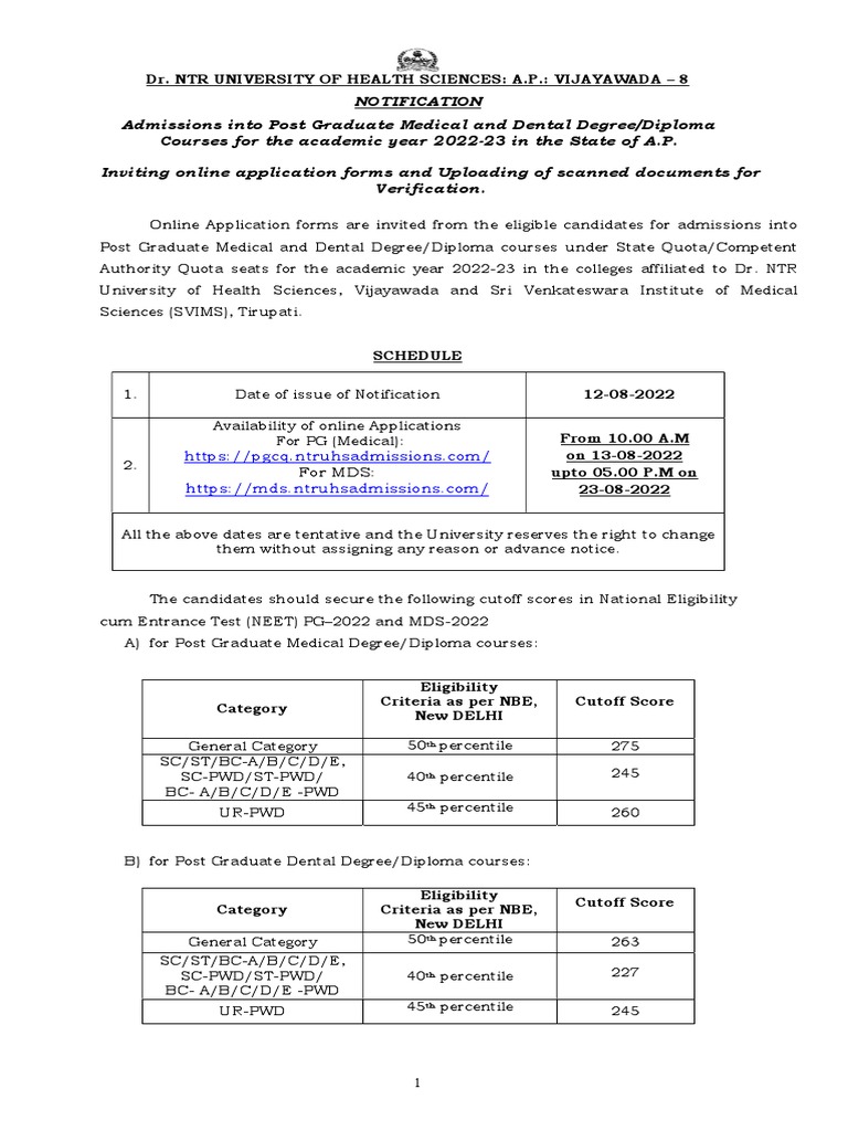 PG Medical and Dental Detailed Notification For CQ202223 PDF