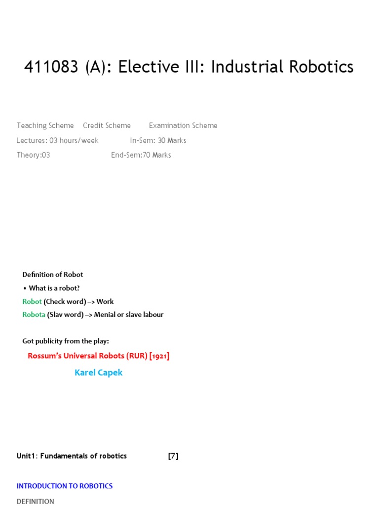 Unit1 - Fundamentals of Robotics - Industrial Robotics | PDF | Robot ...