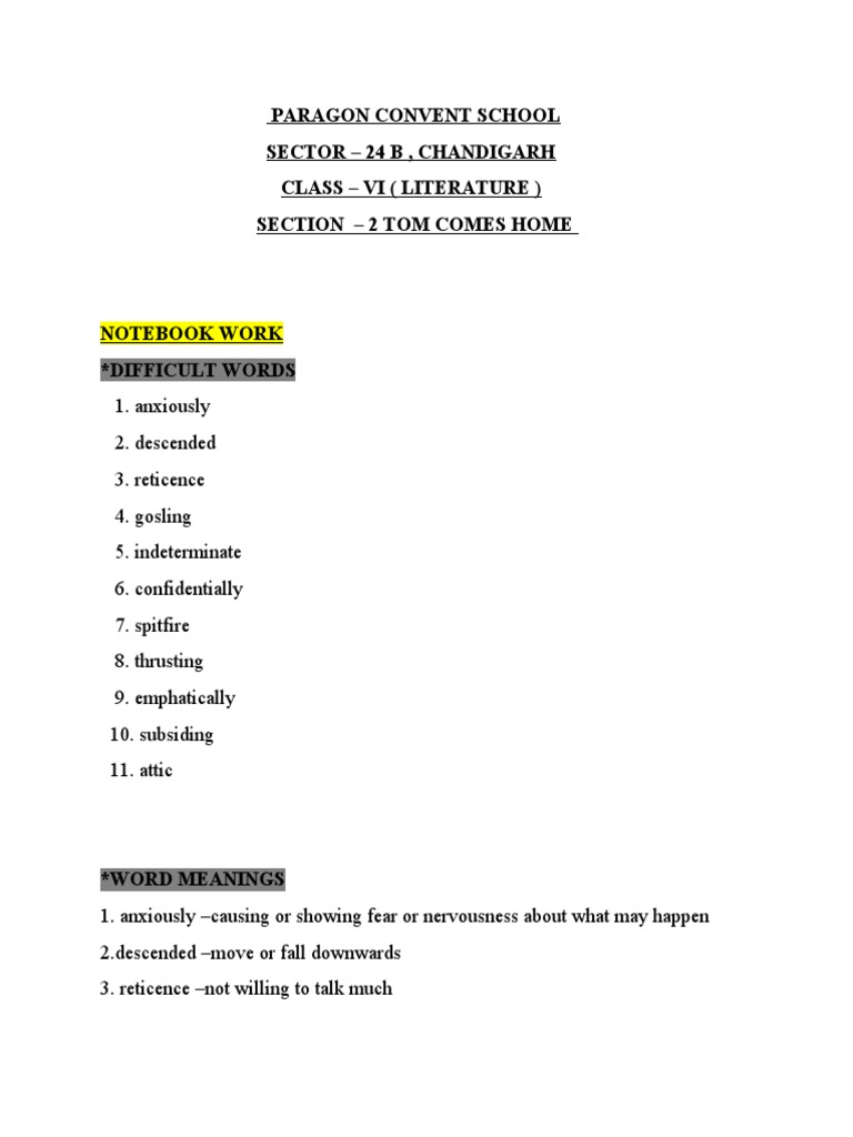 Tom Comes Home Class 6 PDF