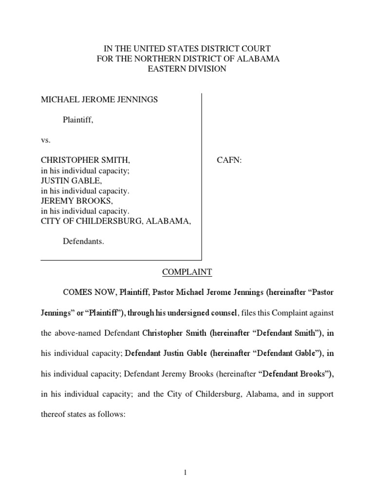 Jennings vs. City of Childersburg, Ala. Complaint PDF Damages Lawsuit