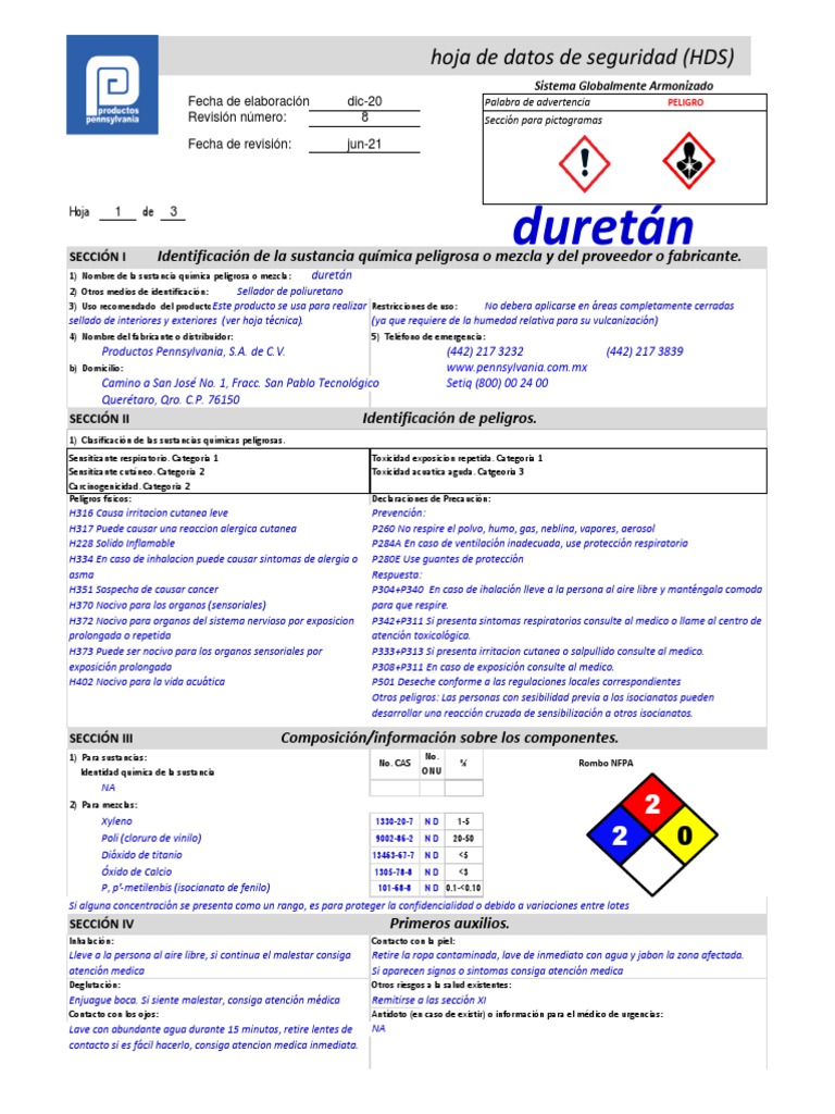 Hoja de Datos de Seguridad DURETAN PDF Agua Alergia