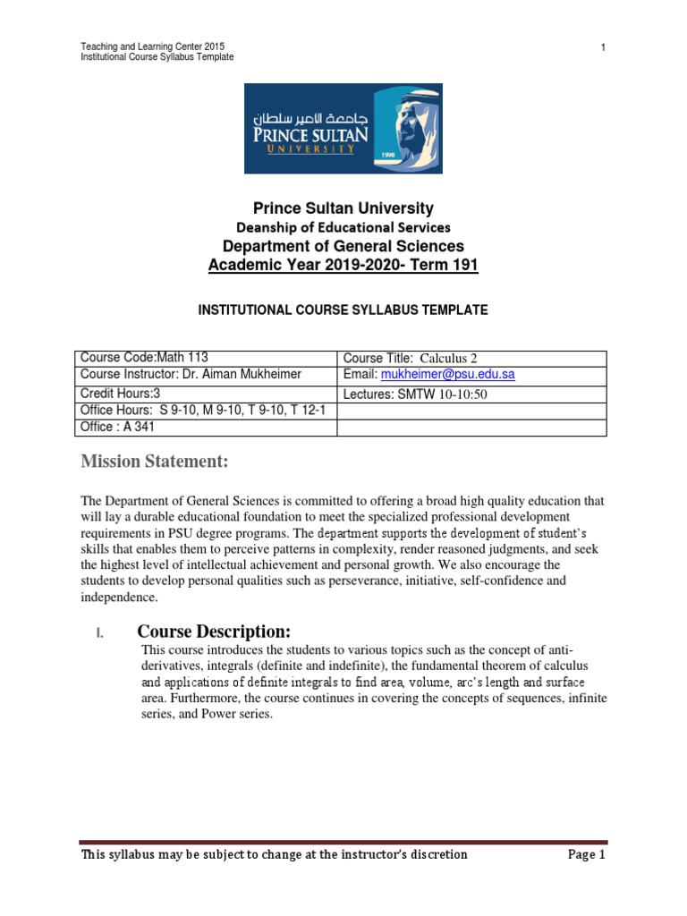 PSU Institutional Course Syllabus MATH 113 PDF Integral Test