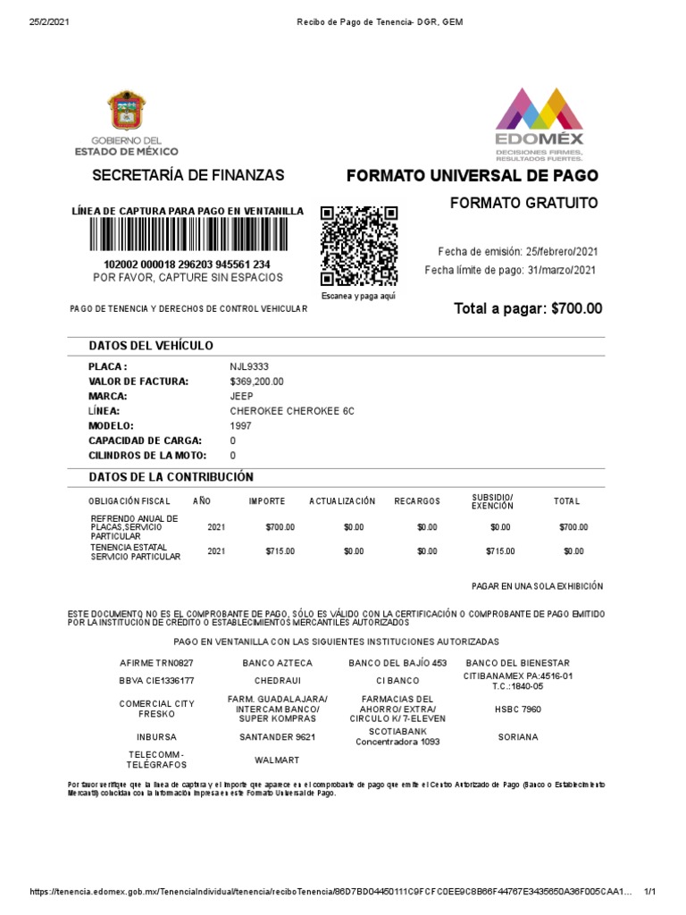 Recibo de Pago de Tenencia - JEEP 2021 | PDF | Empresas de servicios