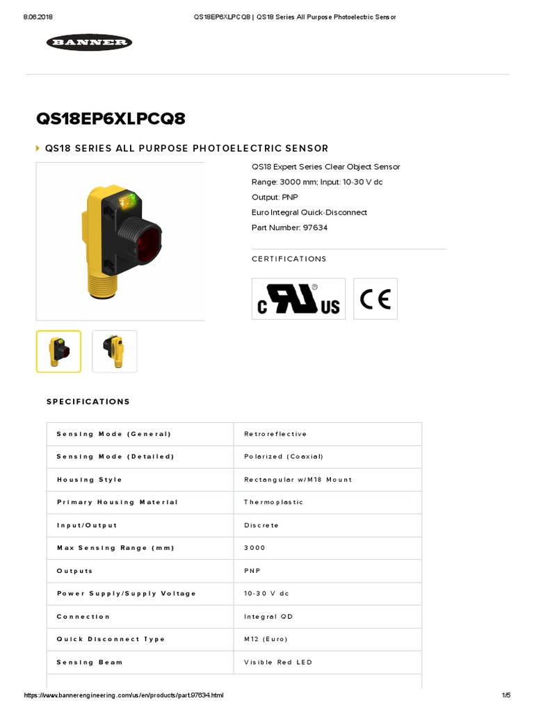Qs18Ep6Xlpcq8: Qs18 Series All Purpose Photoelectric Sensor | PDF