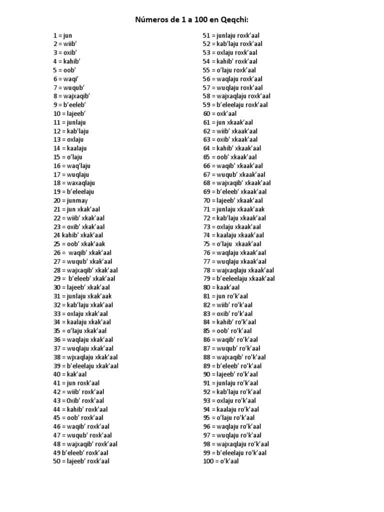Números de 1 A 100 en Qeqchi e Ingles PDF
