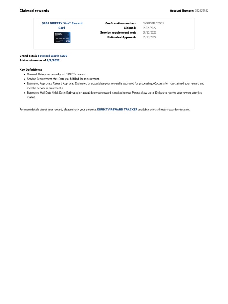 DIRECTV $200 Reward Claim Details | PDF