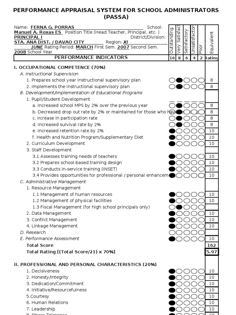 Performance Appraisal System For School Administrators (Passa) | PDF ...