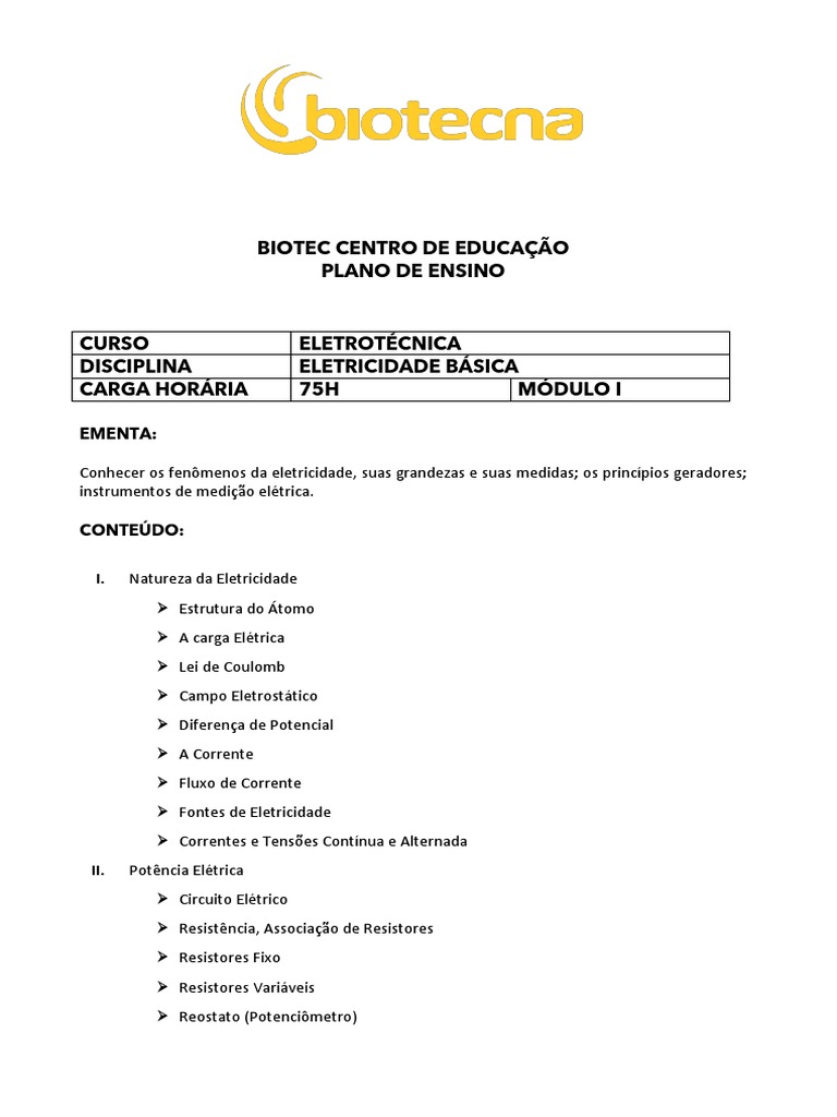 Plano ELETRICIDADE BASICA - ELETROTÉCNICA | PDF | Rede elétrica ...