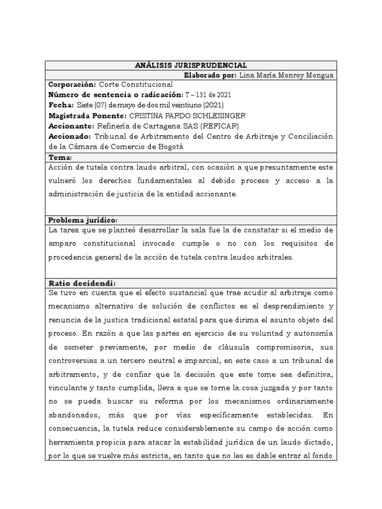 Análisis de La Sentencia T-131 de 2021 | PDF | Arbitraje | Debido al