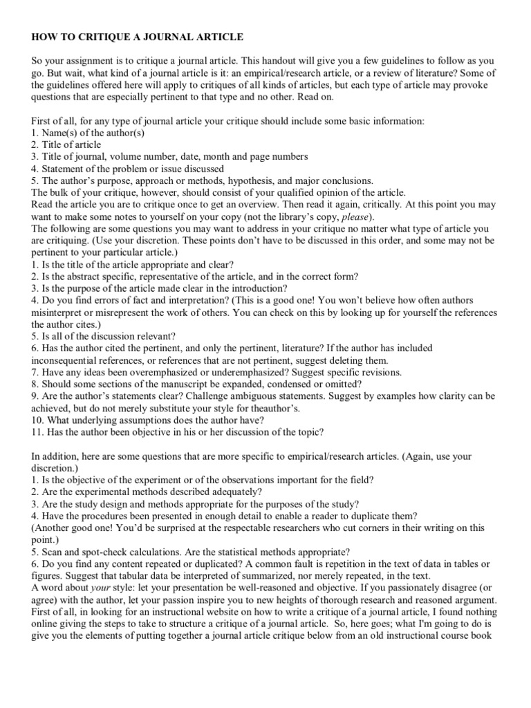 13910213 How to Critique a Journal Article  Thesis  Evaluation