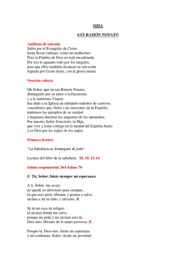 Misa en Honor a San Ramón Nonato | PDF | eucaristía | Misa (liturgia)