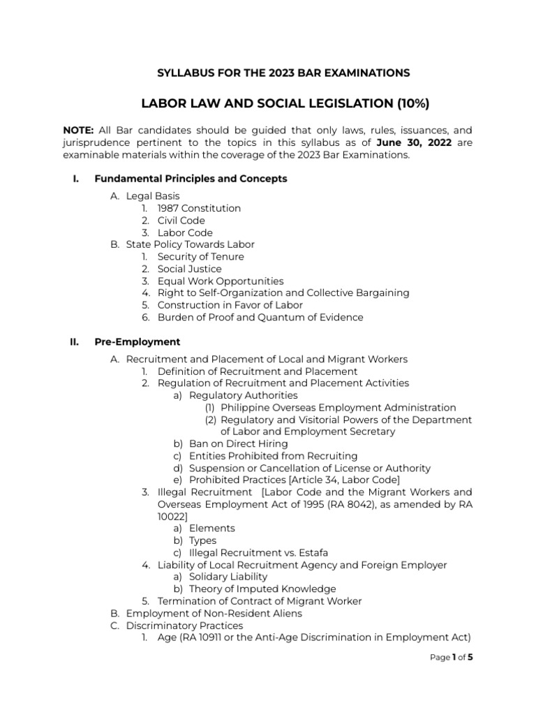 Syllabus - Labor Law and Social Legislation | Download Free PDF ...