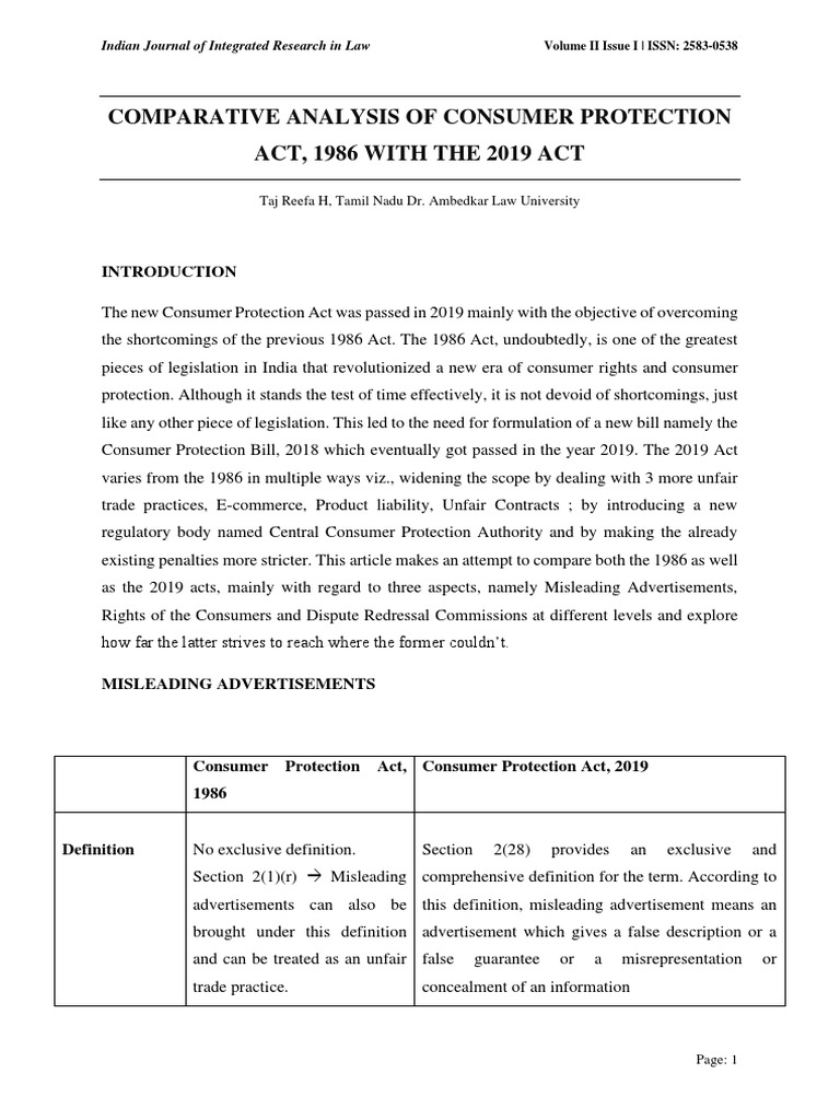 Comparative analysis of consumer protection act 1986 with the 2019 act