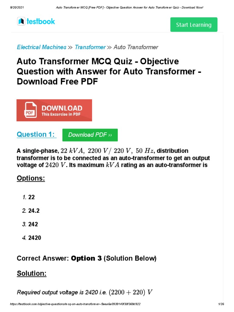 Auto Transformer Mcq Pdf Transformer Electric Power