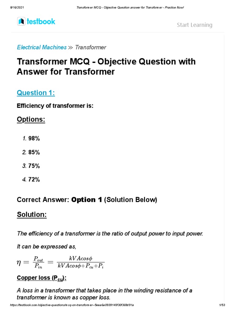 Transformer MCQs and Answers Guide | PDF | Transformer | Electric Power ...