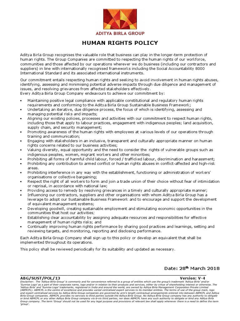 AB Human Rights Policy PDF Employment Human Rights