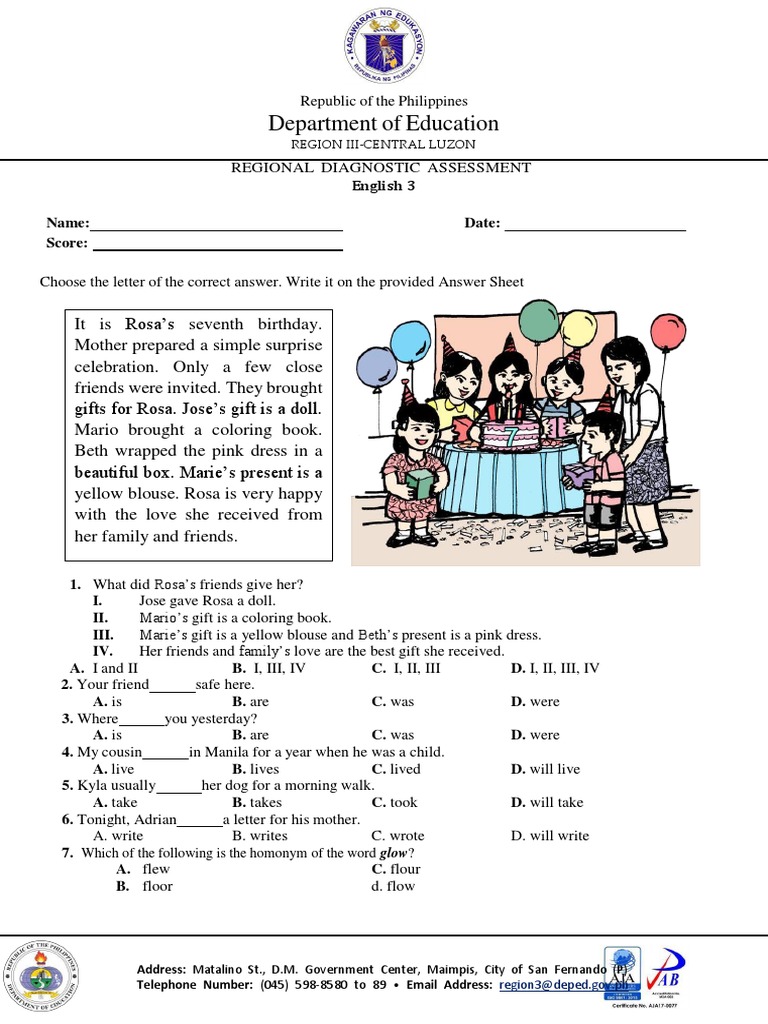 grade 3 diagnostic assessment tool in english | pdf | syntax