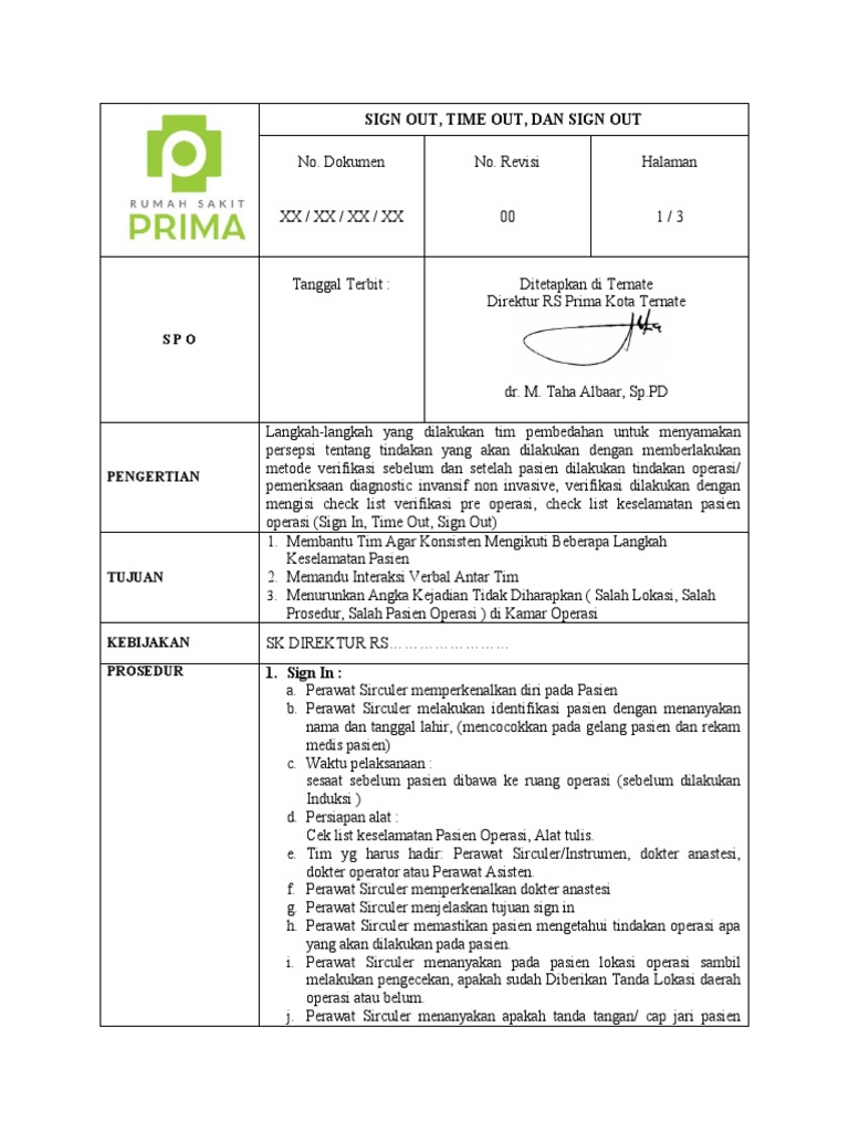 Prosedur Sign In, Time Out, Sign Out | PDF