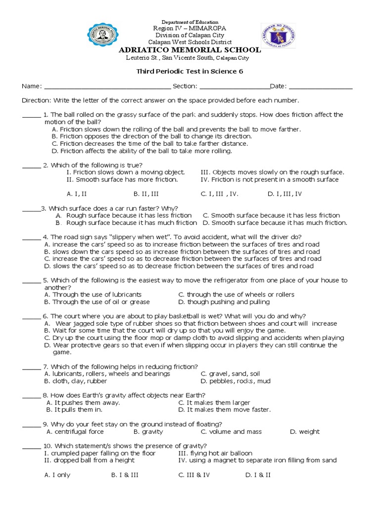 Third Periodical Test In Science Pdf Friction Machines