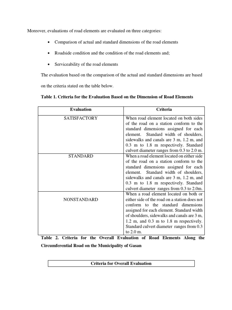 Tables and Definitions PDF Road Lane