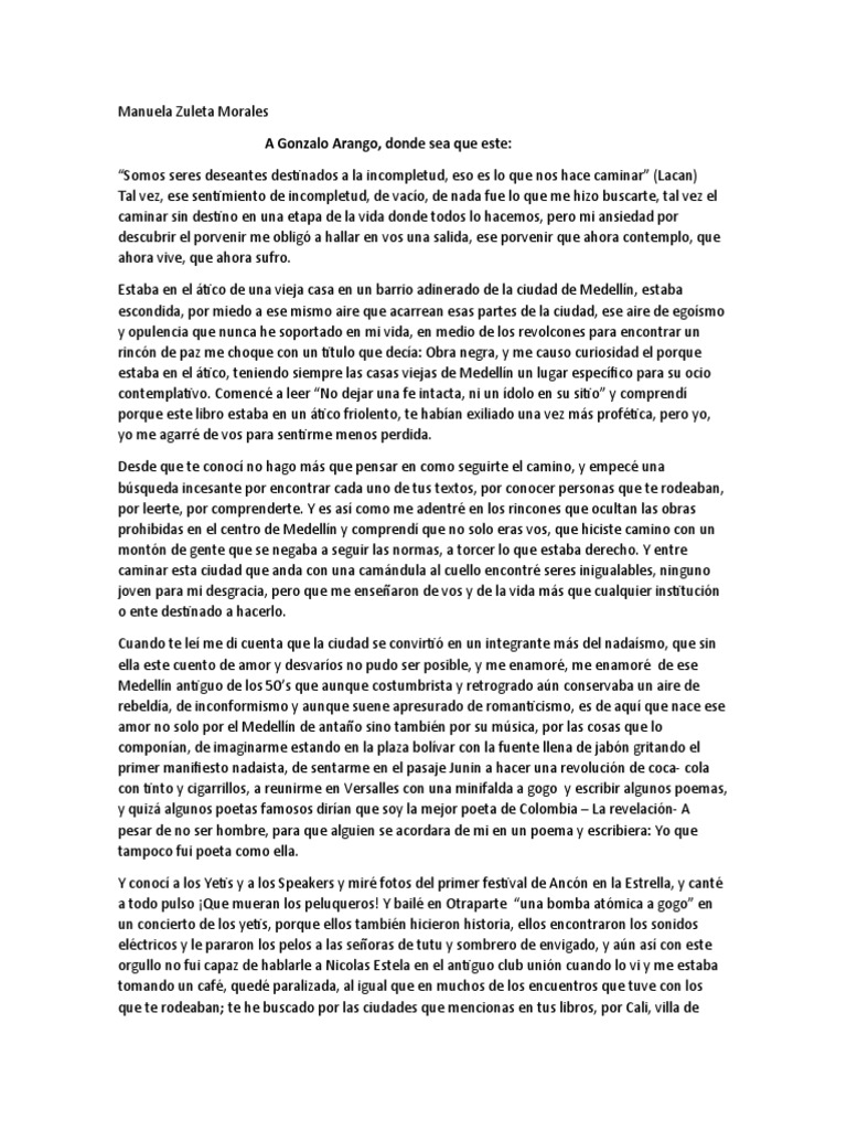Carta a Gonzalo Arango: Amor y Nadaísmo | PDF
