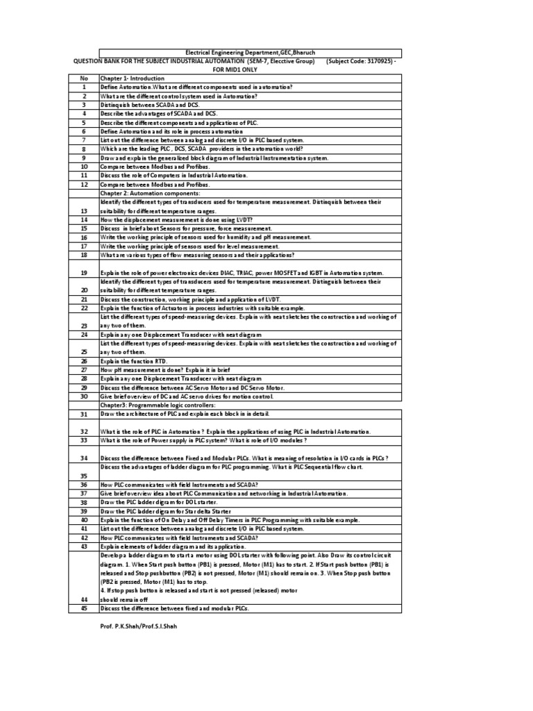 Industrial Automation Question Bank | PDF | Programmable Logic ...
