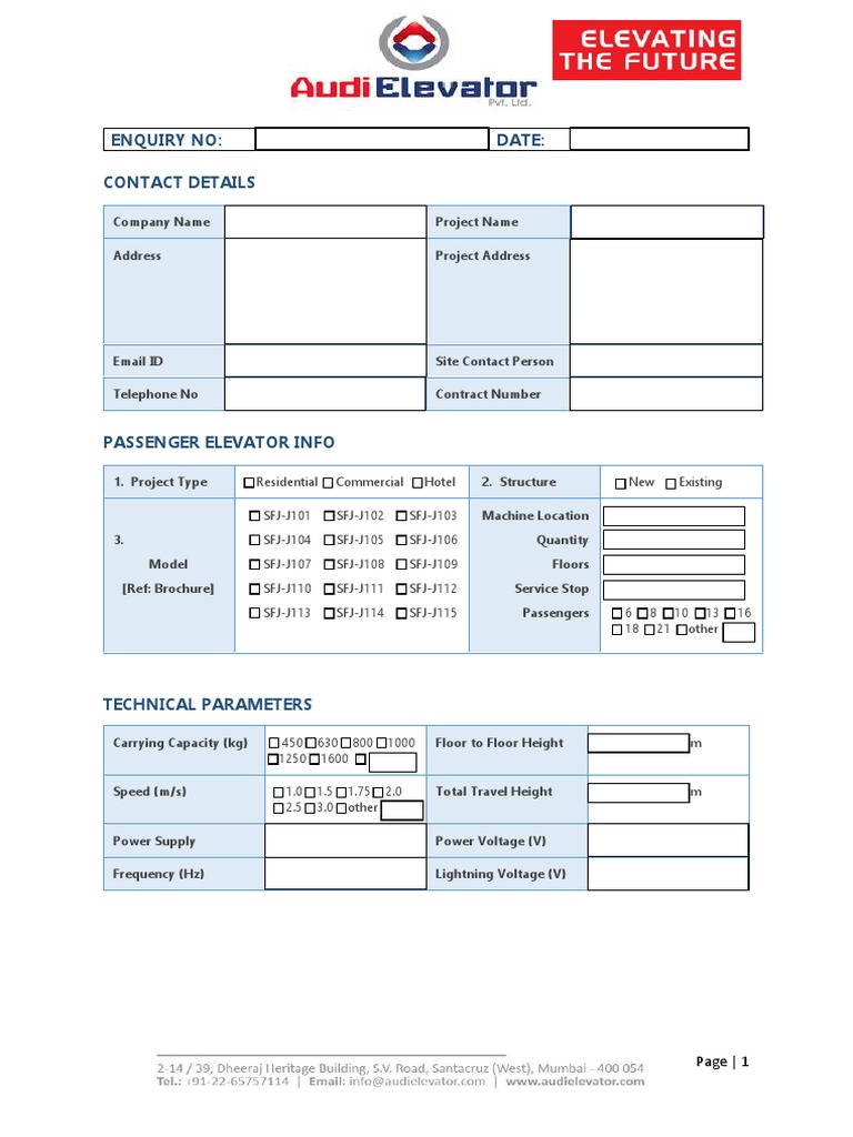 Passenger Elevator Design Inquiry Form | PDF | Elevator | Electric Power