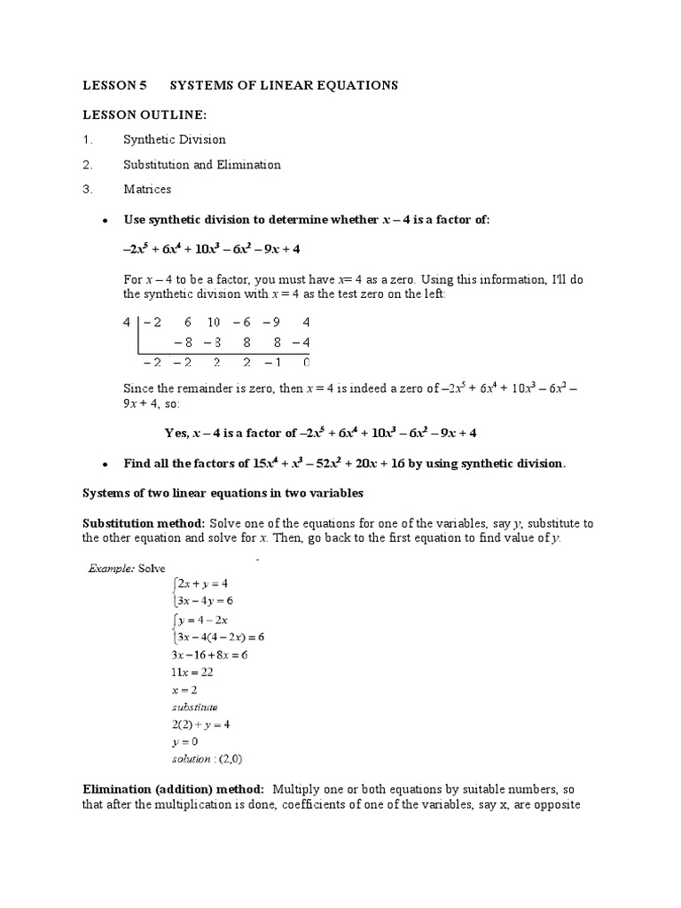 LESSON 5 Systems of Linear Equations PDF Matrix (Mathematics