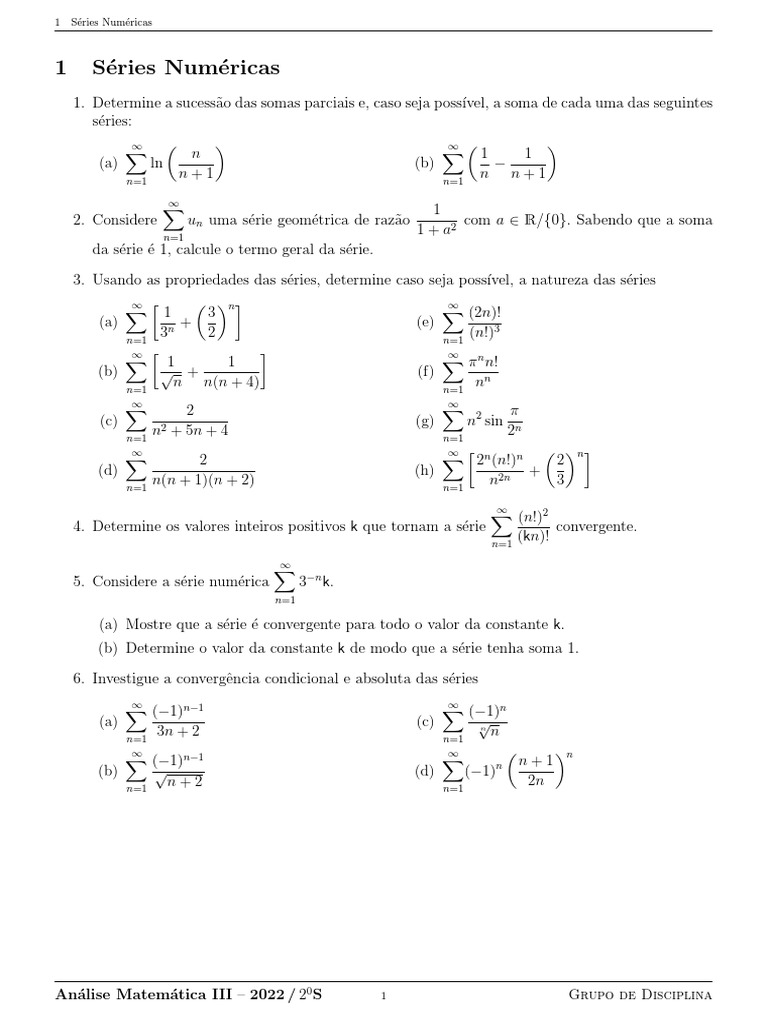 Exercícios sobre Séries Numéricas | PDF | Série (Matemática) | Matemática