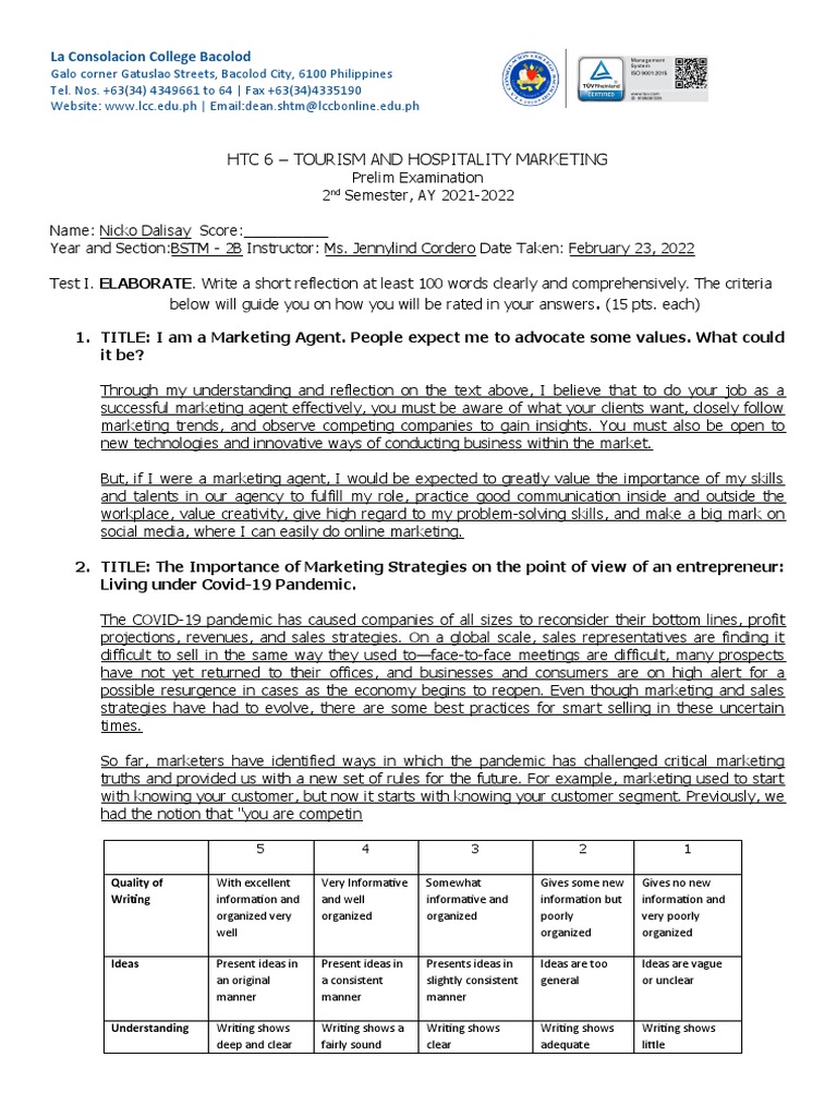 HTC6 Prelim Exam 2nd Sem 2022 PDF The Coca Cola Company Brand