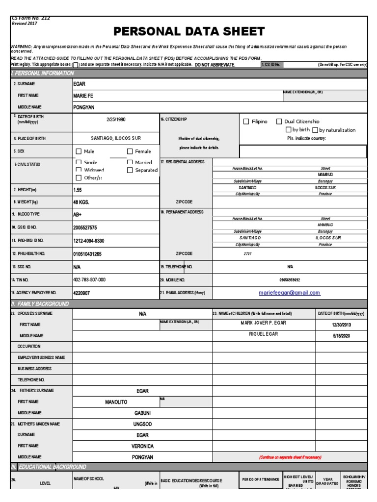 Cs Form No. 212 Revised Personal Data Sheet New PDF Social