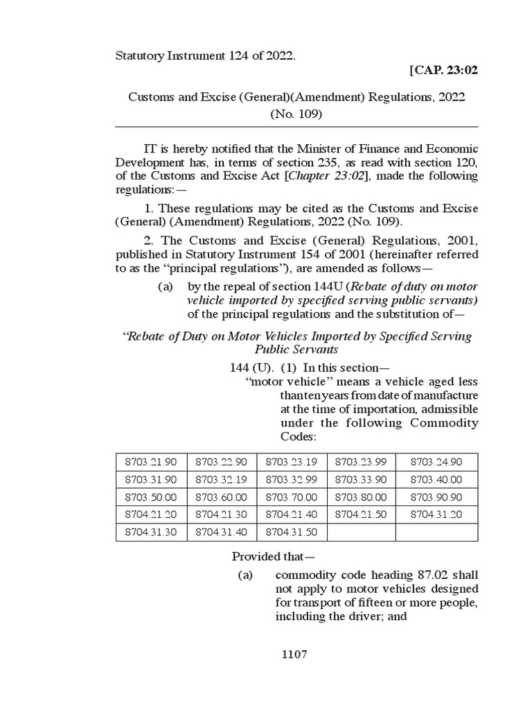 S.I. 124 of 2022 Customs and Excise (General) (Amendment) Regulations