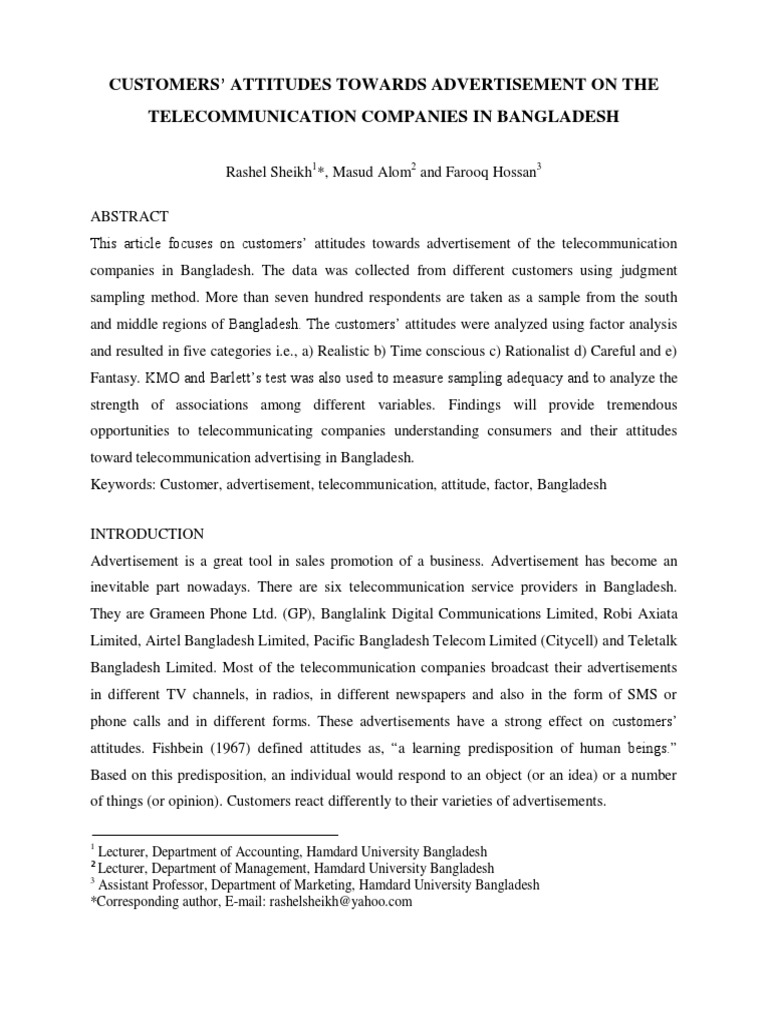 Customer Attitudes Toward Telecom Ads in Bangladesh | PDF | Attitude ...