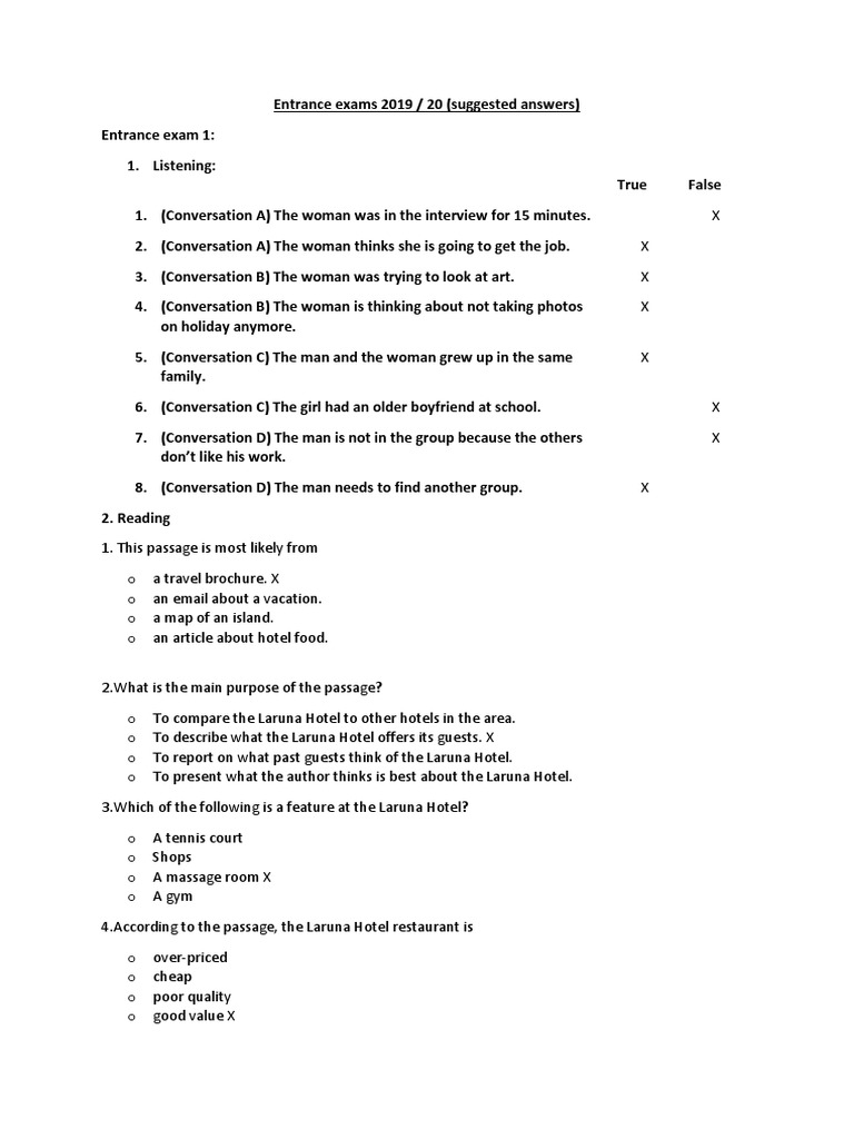 Entrance Exam Answers 2019/20 | PDF | Hotel | Bus