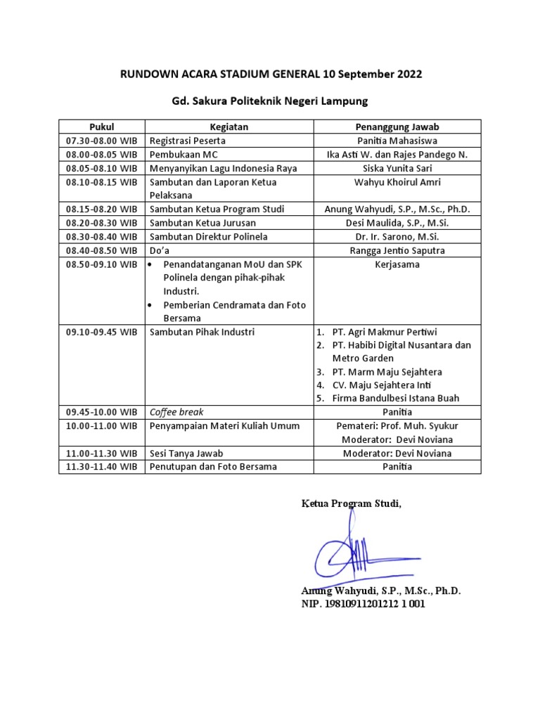 RUNDOWN ACARA STADIUM GENERAL 10 September 2022 | PDF