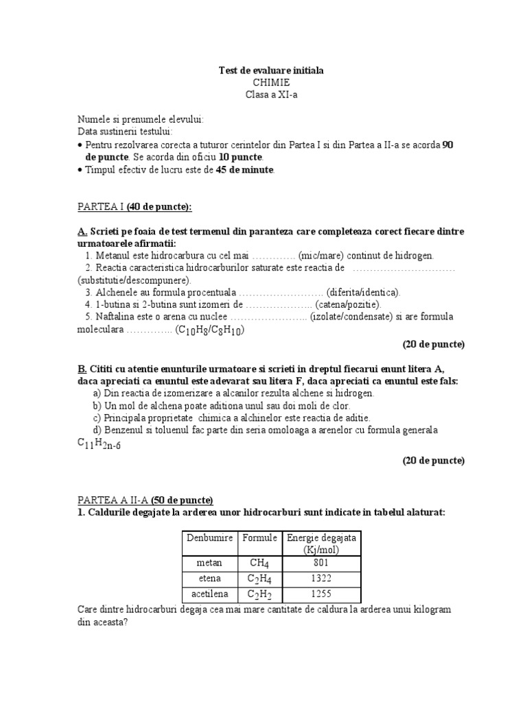 Test de Evaluare Initiala Clasa A 11 A | PDF