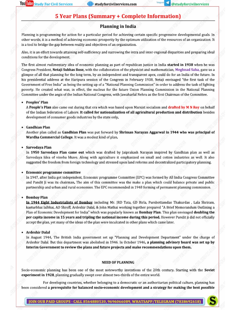 Eng Five Year Plan Summary Notes By Study For Civil Services Pdf