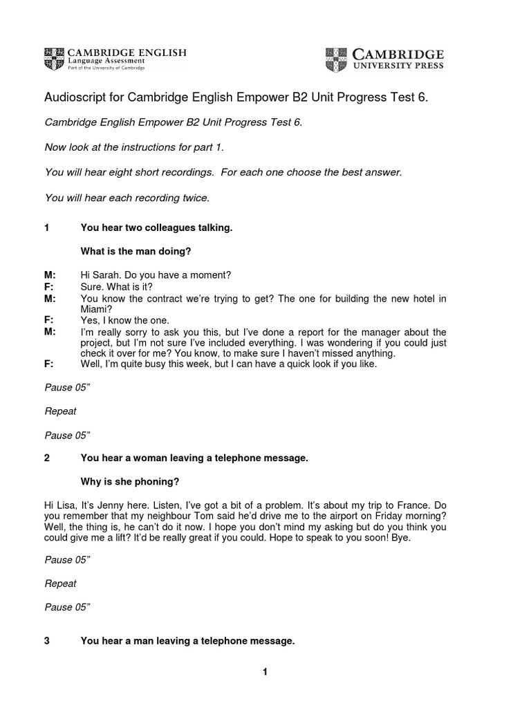 Audioscript For Cambridge English Empower B2 Unit Progress Test 6 | PDF ...