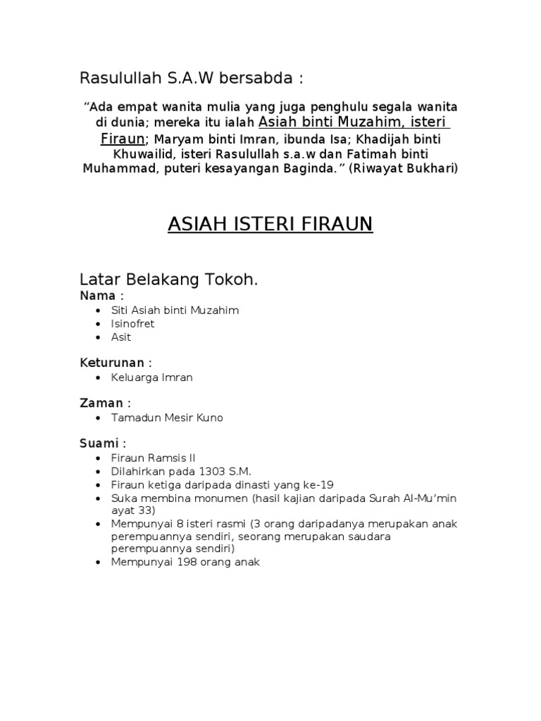 Kisah Siti Asiah Isteri Firaun | PDF | Agama & Spiritualitas | Fiksi ...