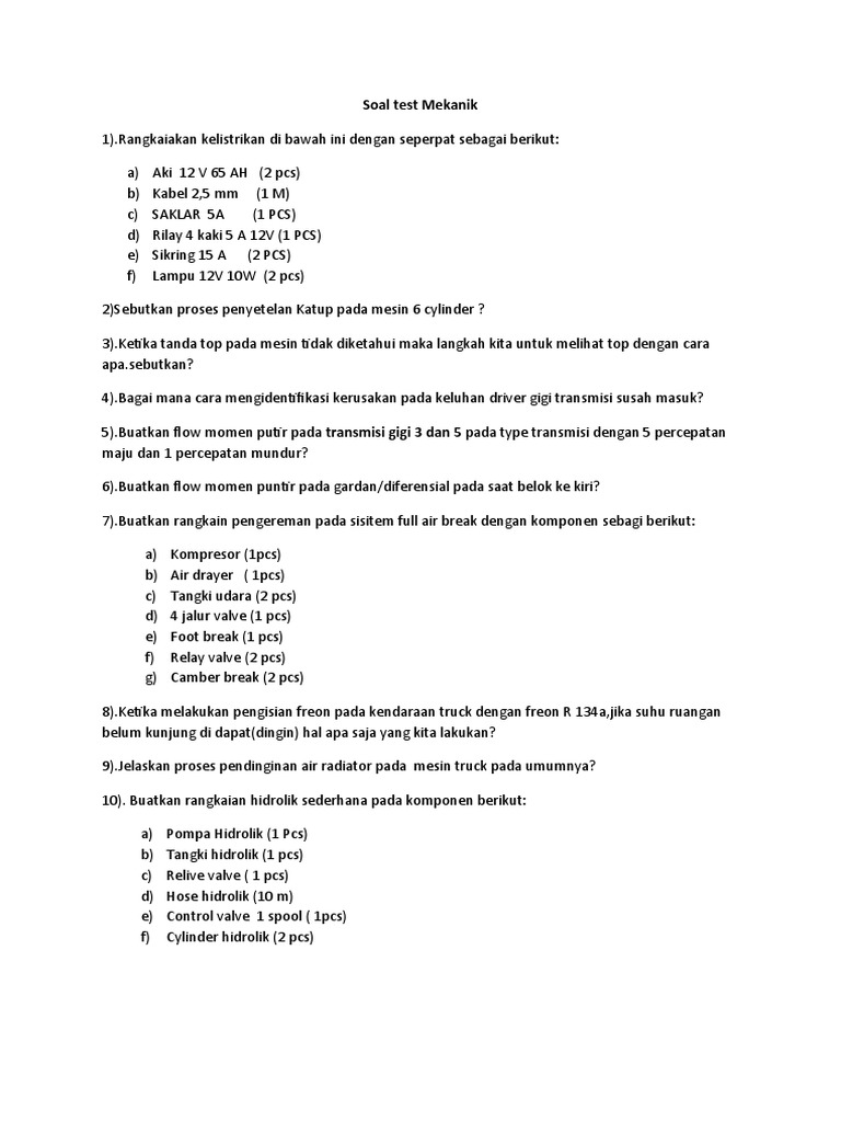 Mekanik Mesin Soal Uji Kompetensi Pdf
