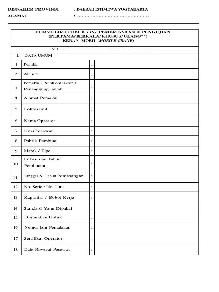 Formulir Inspeksi Keran Mobil | PDF