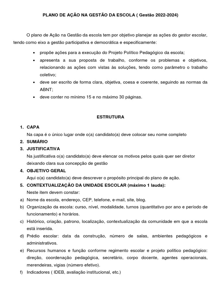 Plano de Ação para Gestão Escolar 2022-2024 | PDF | Pedagogia | Gestão ...