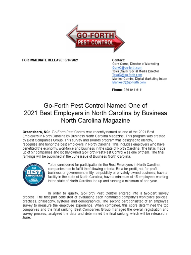 PR GoForth Pest Control Nominated For 2021 Best Employers in North