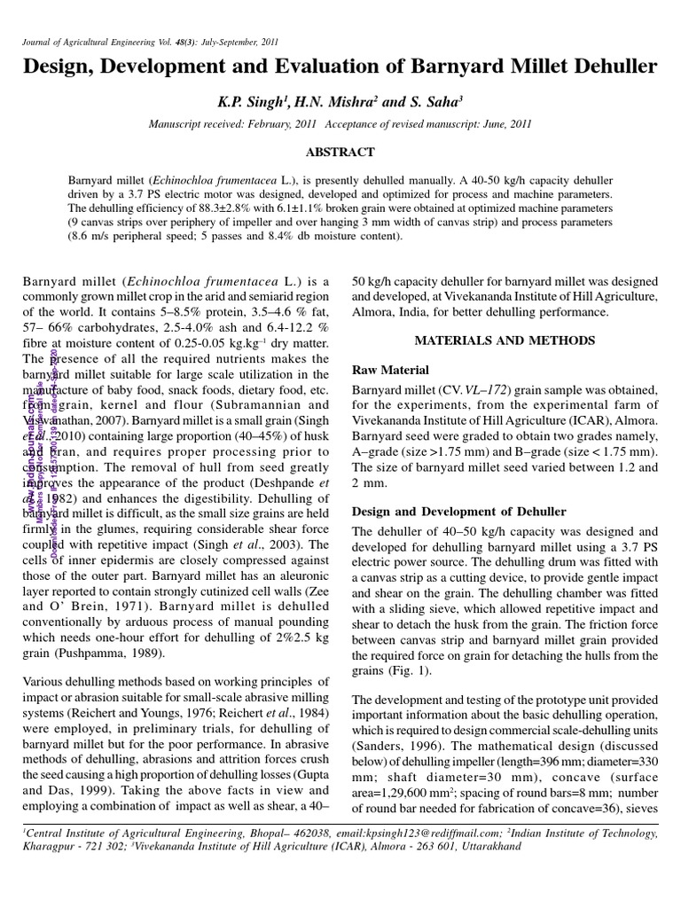Barnyard Millet Dehuller Design and Efficiency | PDF | Analysis Of ...