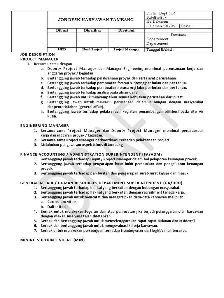 Deskripsi Pekerjaan Manajer Proyek Tambang | PDF